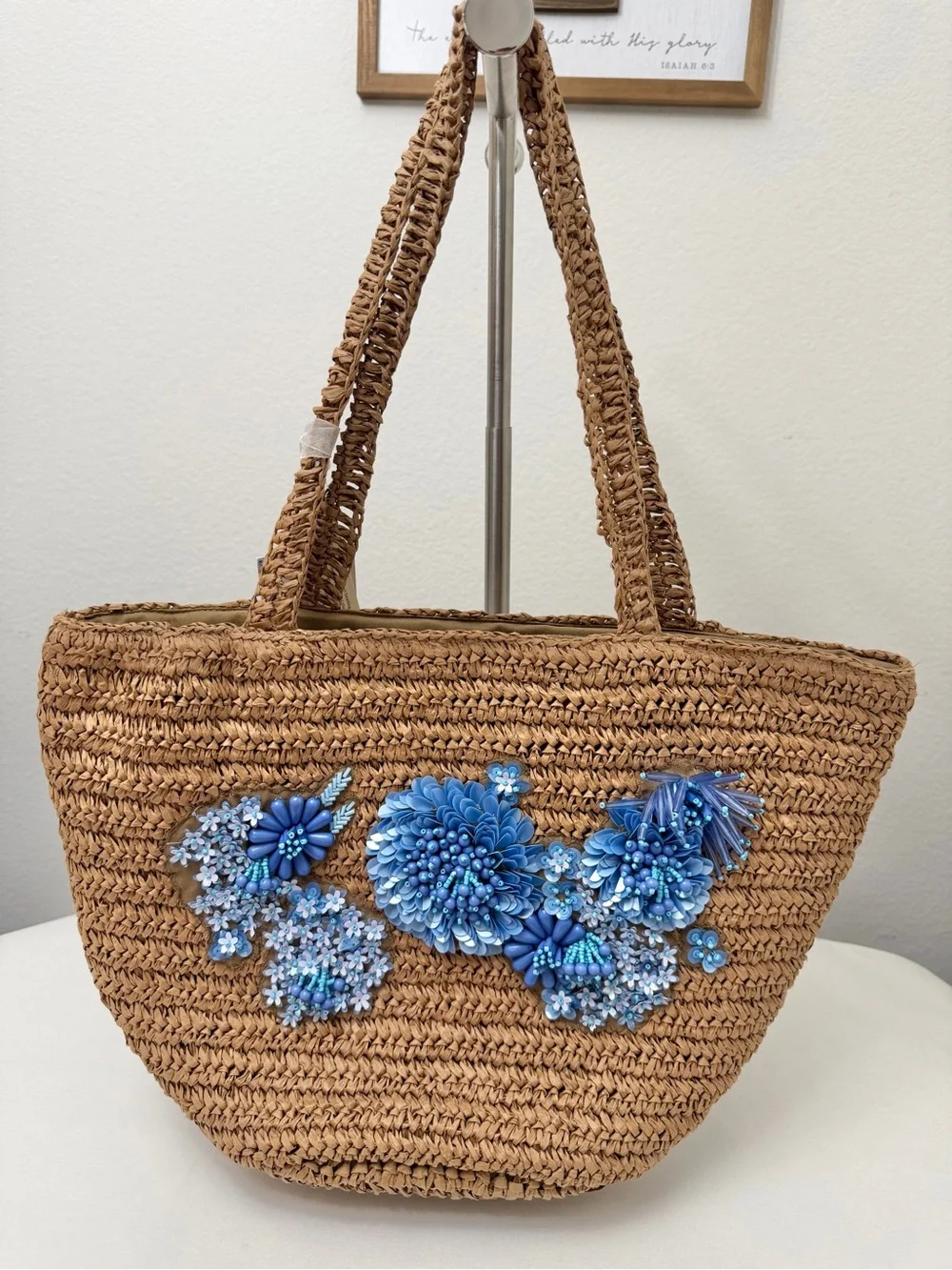 Handcrafted Paper Raffia Tote Bag with Blue Floral Beading